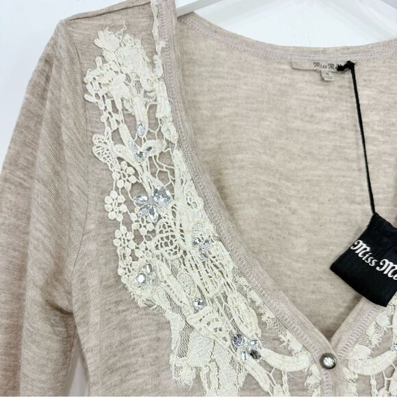 Miss Me Tan Gray Ombré V Neck Lace Trim Rhinestone Jersey Stretch Cardigan NEW - Picture 9 of 16